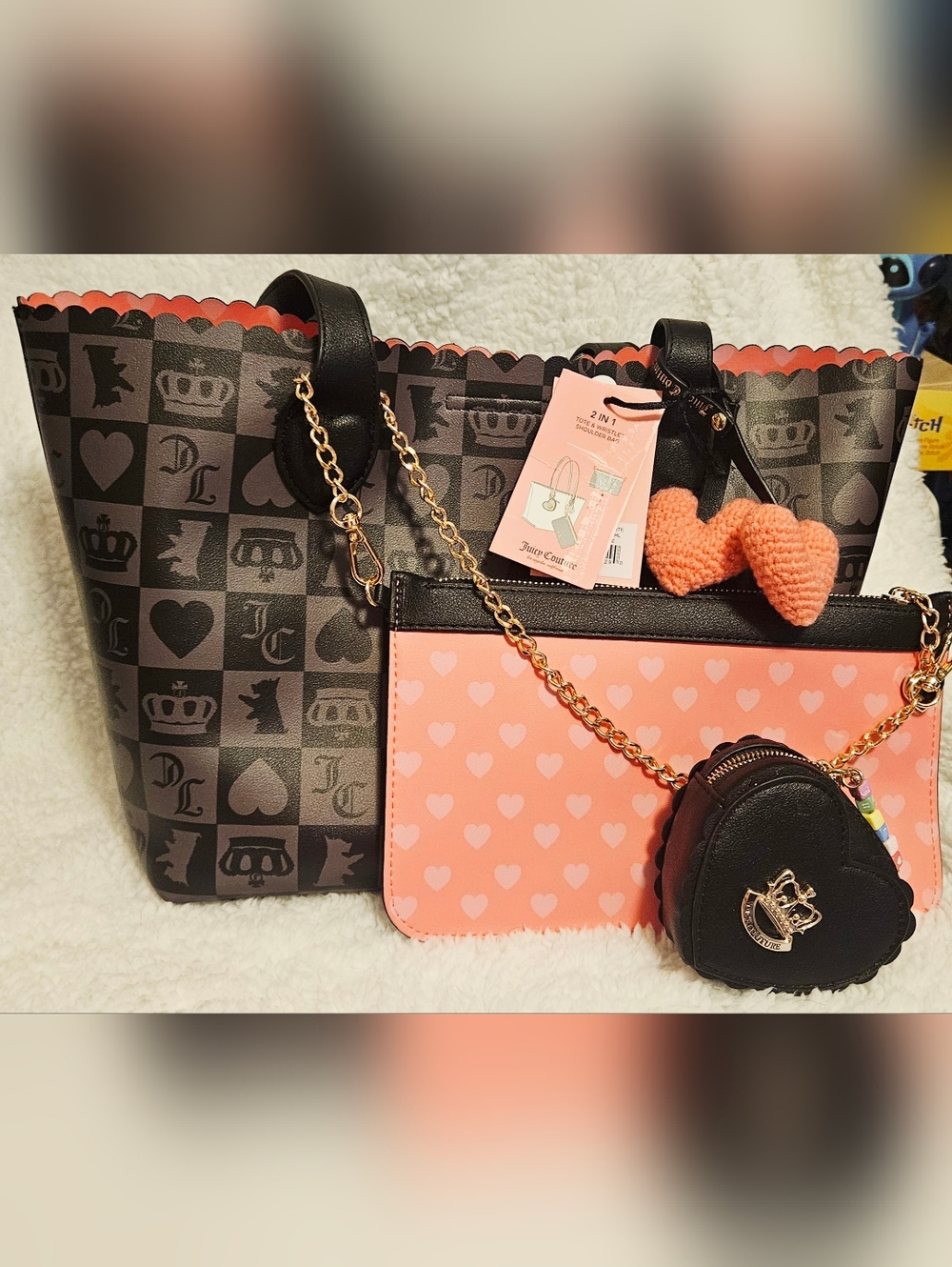NWT Juicy Couture Coral Pink Heart-Print Tote with Gold Chain